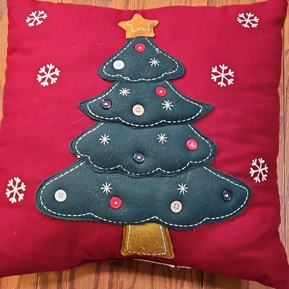 Vintage Christmas Pillow Red Green Tree Snowflakes Couch Square